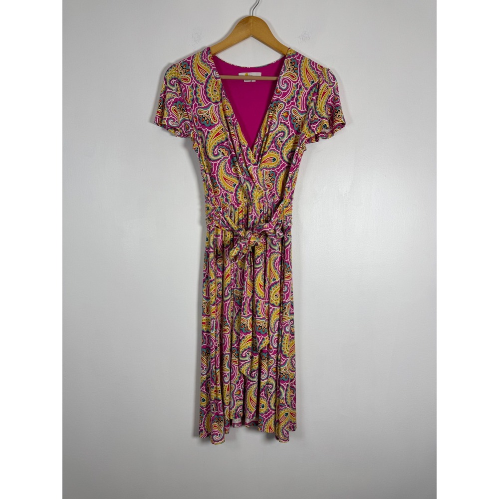 Boden Womens US 6R Wrap Front Midi Dress Pink Paisley Short Sleeve Tie Waist
